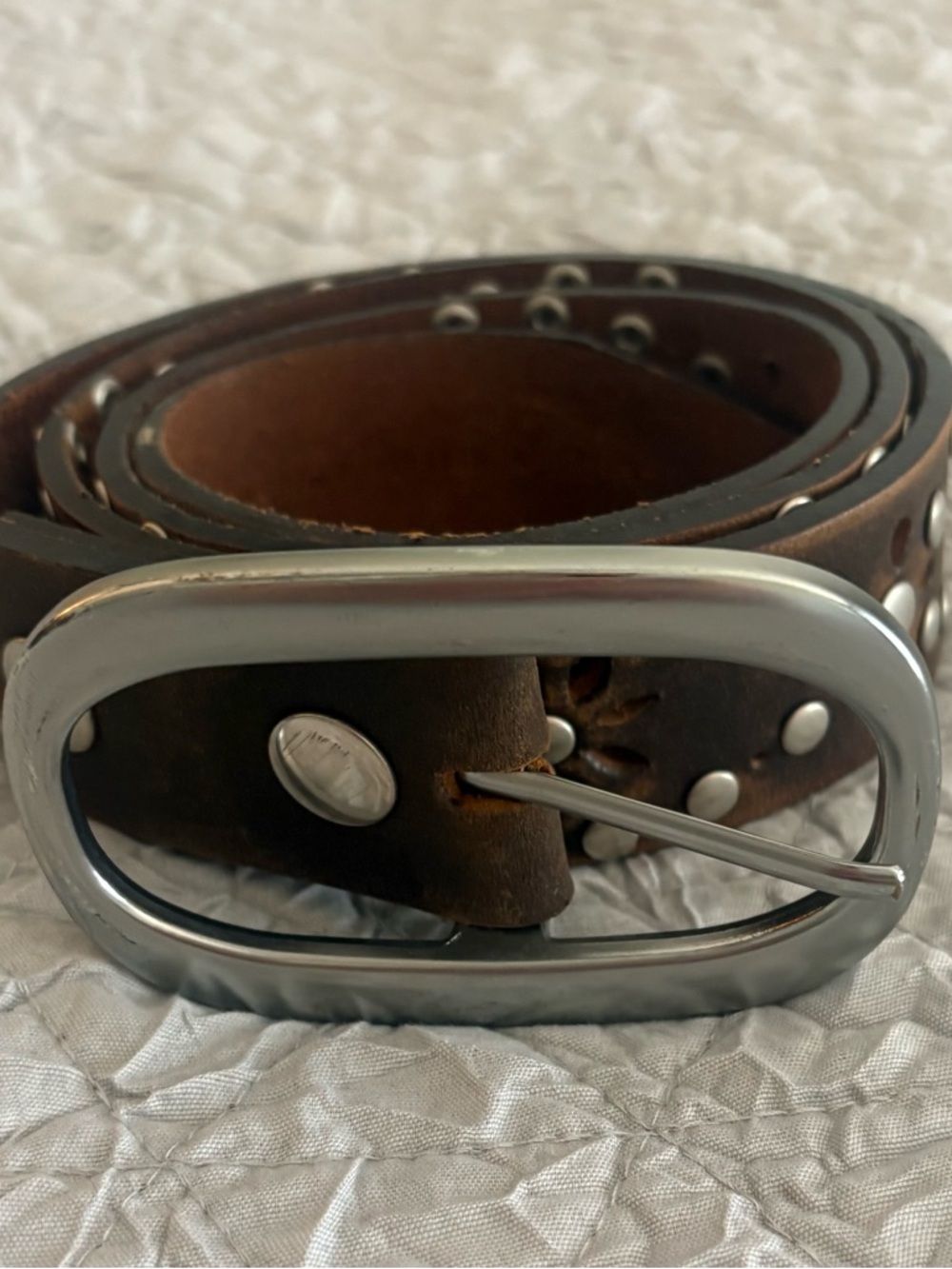 Women’s Brown Leather Studded Belt with Silver Buckle